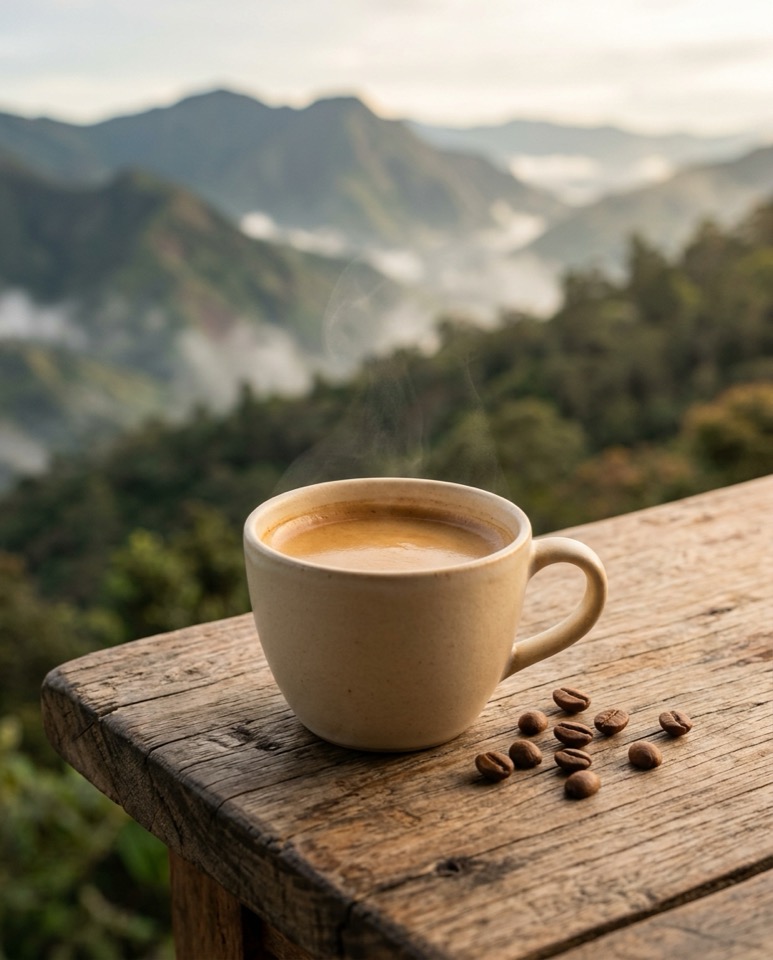Taza de café humeante con montañas del suroeste antioqueño al fondo